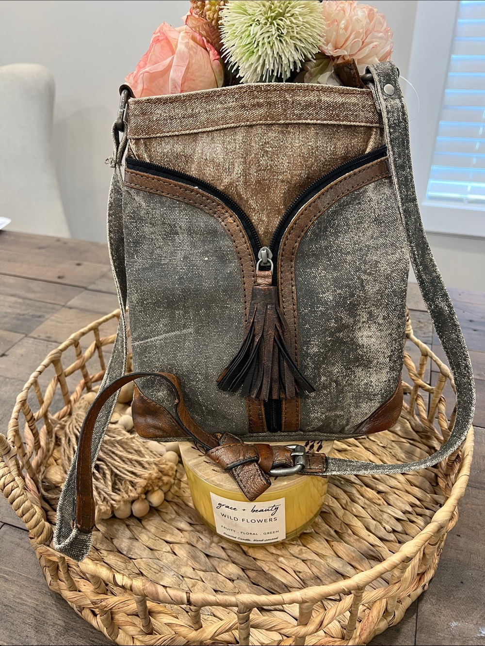 Mona B Two-Tone Canvas Crossbody in Taupe and Brown